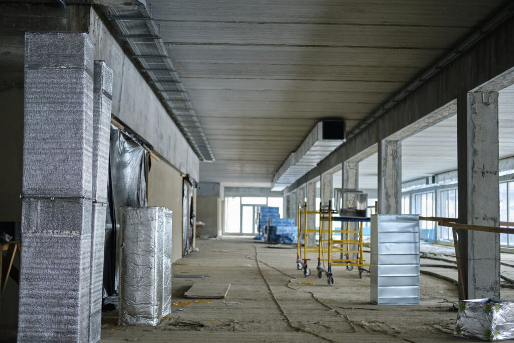 Ventilation system elements. The concept of industrial equipment and technologies. Wide shot